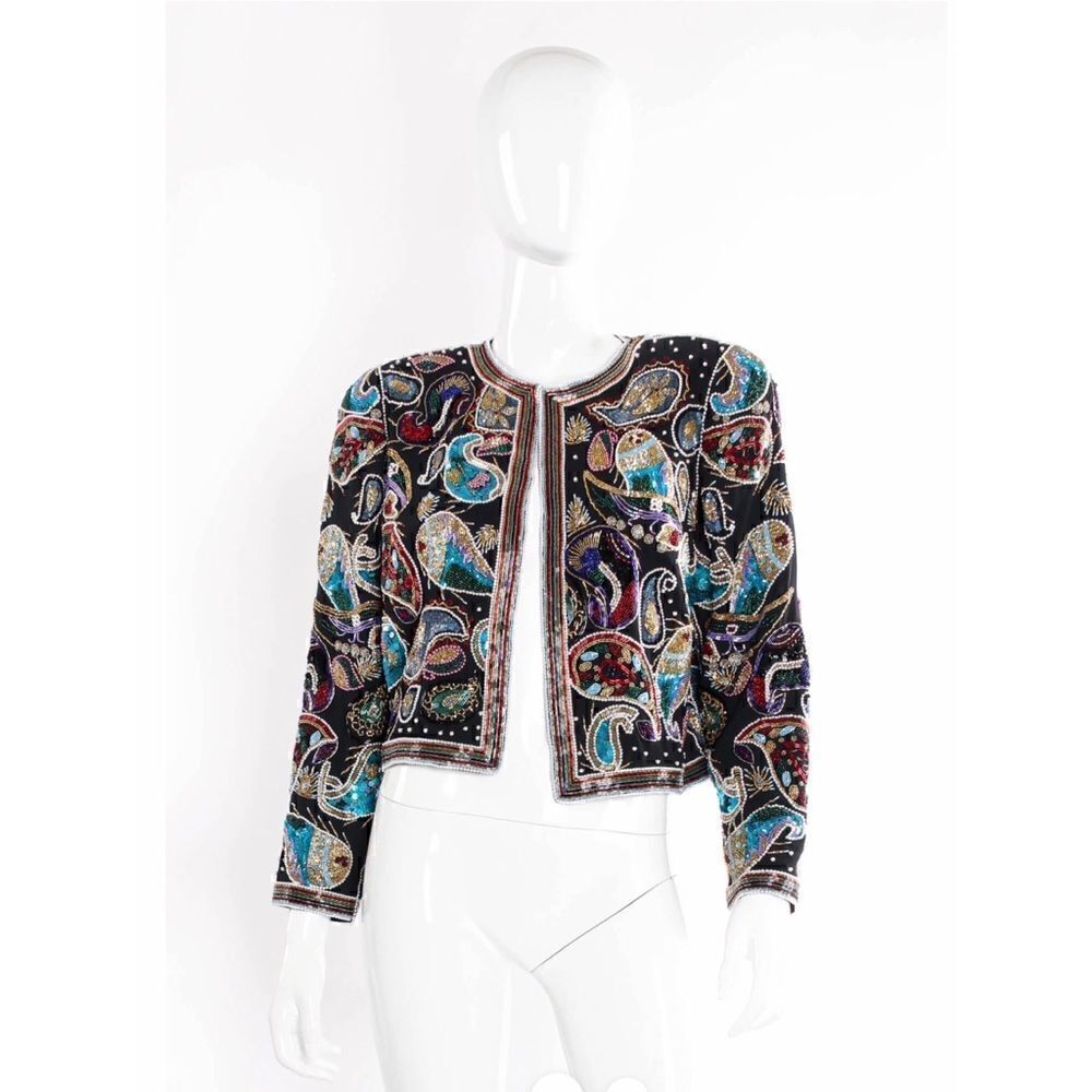 Vintage Frank Usher 70s 80s Black Sequin Beaded Silk Cardigan Jacket